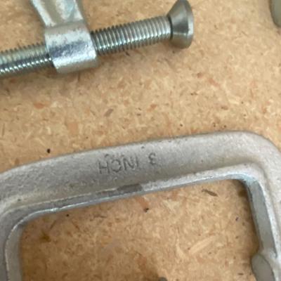 STANLEY MITER BOX/W SAW, PLANER, SANDING BLOCK, C-CLAMP, AND A COMBINATION SQUARE