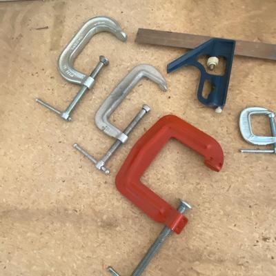 STANLEY MITER BOX/W SAW, PLANER, SANDING BLOCK, C-CLAMP, AND A COMBINATION SQUARE