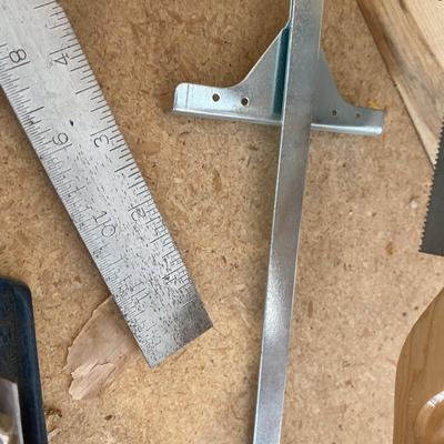 STANLEY MITER BOX/W SAW, PLANER, SANDING BLOCK, C-CLAMP, AND A COMBINATION SQUARE
