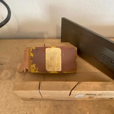 STANLEY MITER BOX/W SAW, PLANER, SANDING BLOCK, C-CLAMP, AND A COMBINATION SQUARE