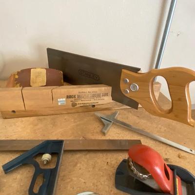 STANLEY MITER BOX/W SAW, PLANER, SANDING BLOCK, C-CLAMP, AND A COMBINATION SQUARE