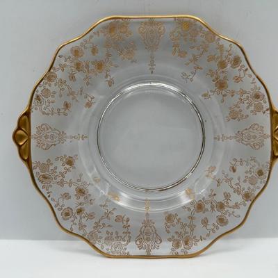 Vintage Gold Floral Etched Glass Bowl, Plate and Spoon