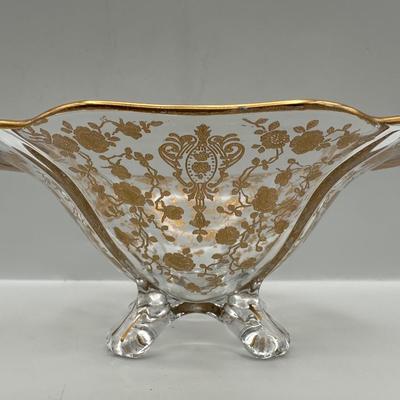 Vintage Gold Floral Etched Glass Bowl, Plate and Spoon