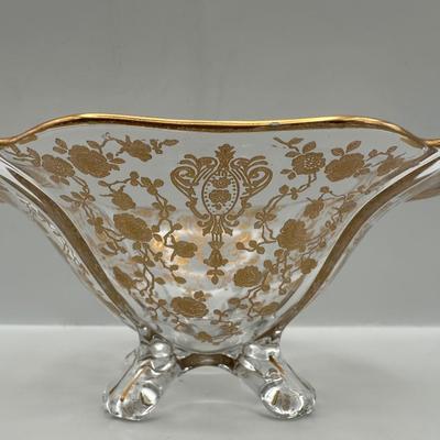 Vintage Gold Floral Etched Glass Bowl, Plate and Spoon