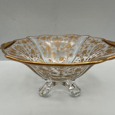 Vintage Gold Floral Etched Glass Bowl, Plate and Spoon