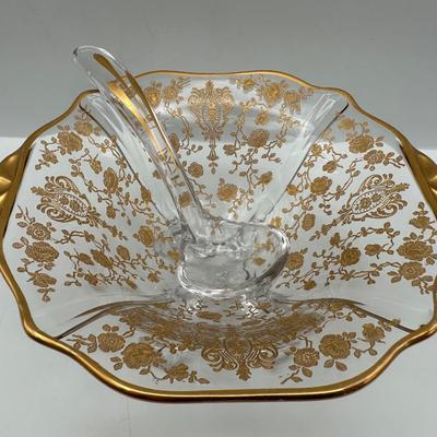 Vintage Gold Floral Etched Glass Bowl, Plate and Spoon