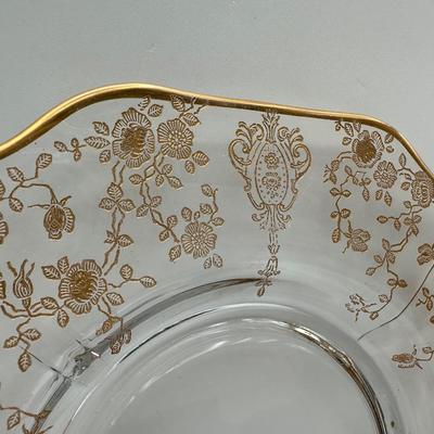 Vintage Gold Floral Etched Glass Bowl, Plate and Spoon