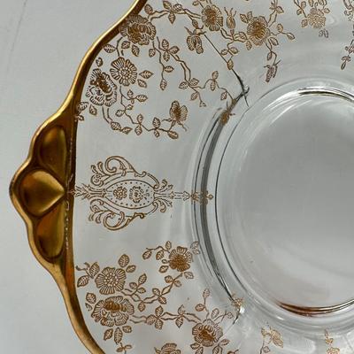Vintage Gold Floral Etched Glass Bowl, Plate and Spoon