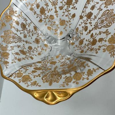 Vintage Gold Floral Etched Glass Bowl, Plate and Spoon