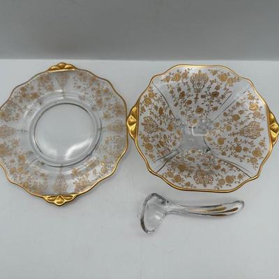 Vintage Gold Floral Etched Glass Bowl, Plate and Spoon