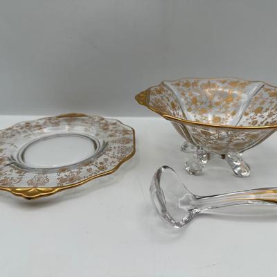 Vintage Gold Floral Etched Glass Bowl, Plate and Spoon