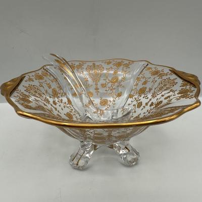 Vintage Gold Floral Etched Glass Bowl, Plate and Spoon