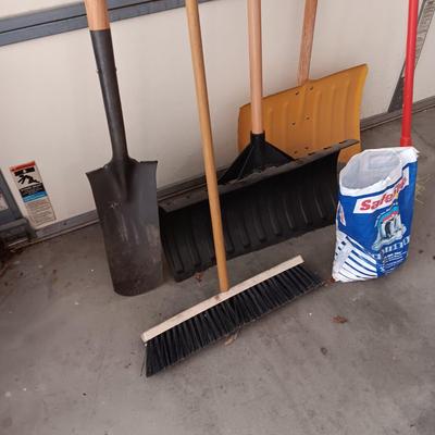 SNOW SHOVELS, SHOVEL, PUSH BROOM AND HOUSE BROOM