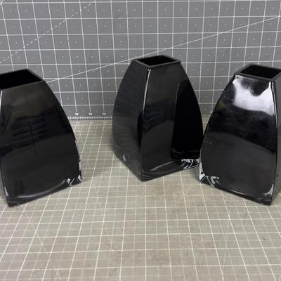 3 Black Glass Candle Votive or Vases, UNIQUE! GLASS 
