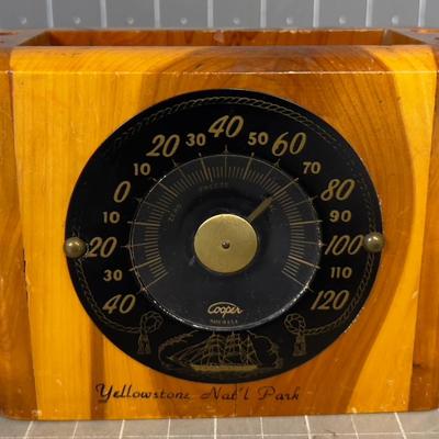 Vintage Yellow Stone Desk Caddy Thermometer