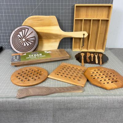 Kitchen WOODEN Items; Trivets, Cedar Plank, Utensils Etc.