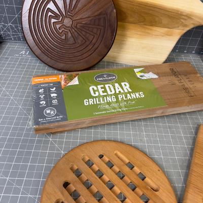 Kitchen WOODEN Items; Trivets, Cedar Plank, Utensils Etc.