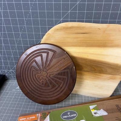 Kitchen WOODEN Items; Trivets, Cedar Plank, Utensils Etc.