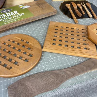 Kitchen WOODEN Items; Trivets, Cedar Plank, Utensils Etc.
