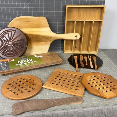 Kitchen WOODEN Items; Trivets, Cedar Plank, Utensils Etc.
