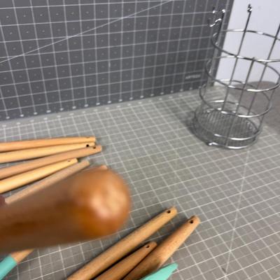 Turquoise Plastic and Wooden Kitchen Utensils for Cooking 