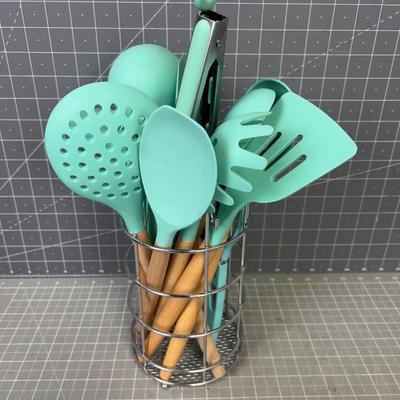 Turquoise Plastic and Wooden Kitchen Utensils for Cooking 
