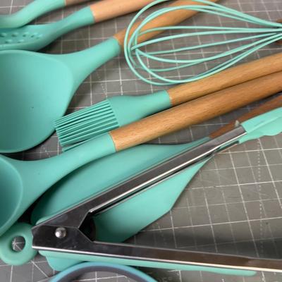 Turquoise Plastic and Wooden Kitchen Utensils for Cooking 