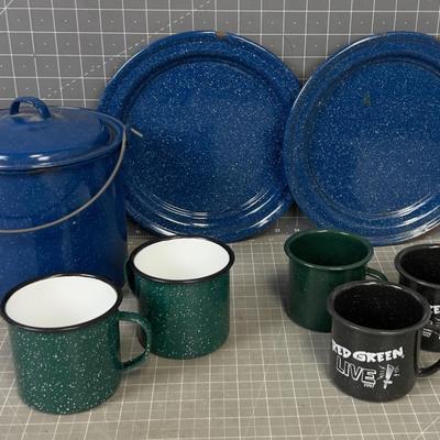 Enamelware  Cups, Plates, Pot