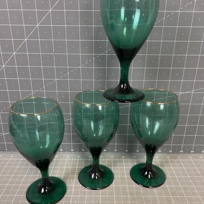 Green Gold Rimmed Goblets, Libby Branded