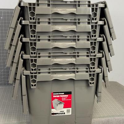 (5) Heavy Duty Hinged Lid Totes, Industrial Strength