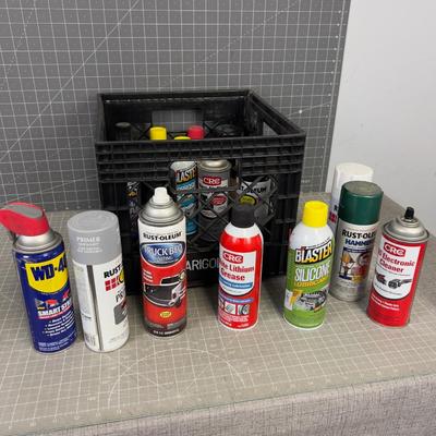 Crate full of Garage Products; Paints, Lubricants, Oils 