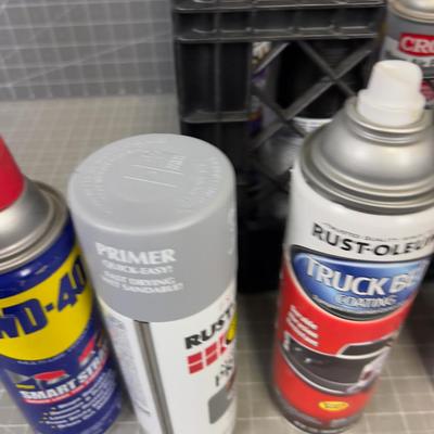Crate full of Garage Products; Paints, Lubricants, Oils 