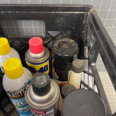 Crate full of Garage Products; Paints, Lubricants, Oils 