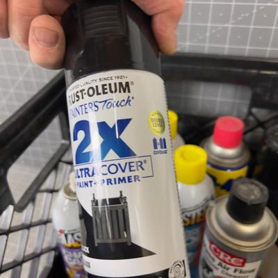 Crate full of Garage Products; Paints, Lubricants, Oils 