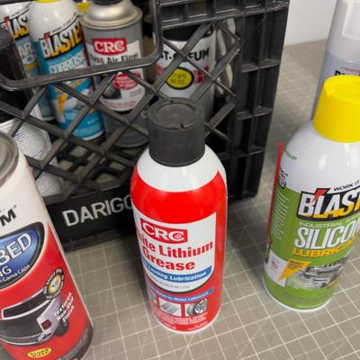 Crate full of Garage Products; Paints, Lubricants, Oils 