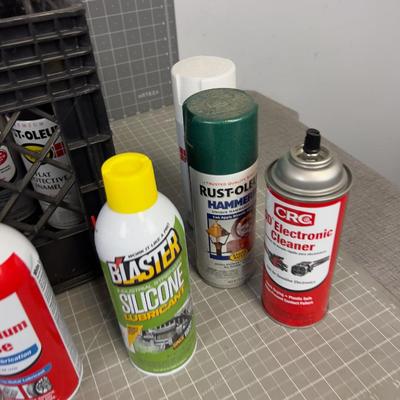 Crate full of Garage Products; Paints, Lubricants, Oils 