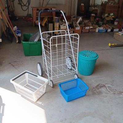 FOLDING CART, SMALL TRASH CAN AND PLASTIC BASKETS