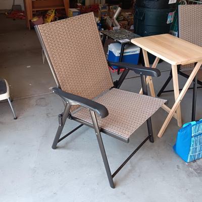 2 NEW FOLDING SLING CHAIRS, SOFT SIDED COOLER AND A FOLDING TABLE