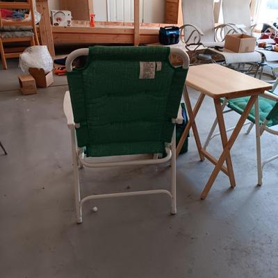 2 FOLDING CLOTH CUSHIONED CHAIRS, SOFT SIDED COOLER AND A FOLDING TABLE