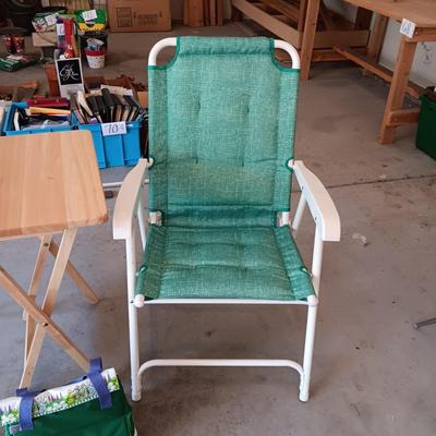 2 FOLDING CLOTH CUSHIONED CHAIRS, SOFT SIDED COOLER AND A FOLDING TABLE