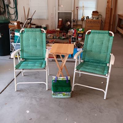 2 FOLDING CLOTH CUSHIONED CHAIRS, SOFT SIDED COOLER AND A FOLDING TABLE