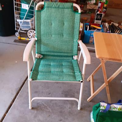 2 FOLDING CLOTH CUSHIONED CHAIRS, SOFT SIDED COOLER AND A FOLDING TABLE