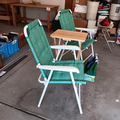 2 FOLDING CLOTH CUSHIONED CHAIRS, SOFT SIDED COOLER AND A FOLDING TABLE
