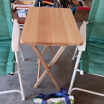 2 FOLDING CLOTH CUSHIONED CHAIRS, SOFT SIDED COOLER AND A FOLDING TABLE