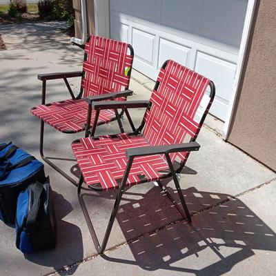 2 NEW WEB FOLDING CHAIRS AND 2 SOFT SIDED COOLERS