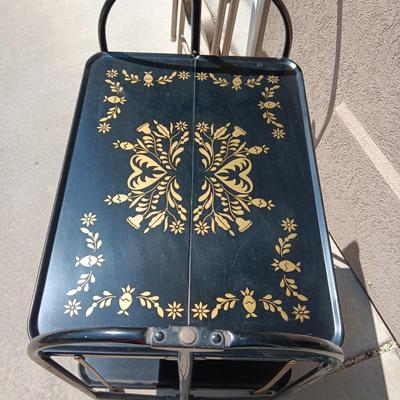 MID-CENTURY FOLDING 2 TIER CART ON CASTERS AND A FOLDING STEP STOOL