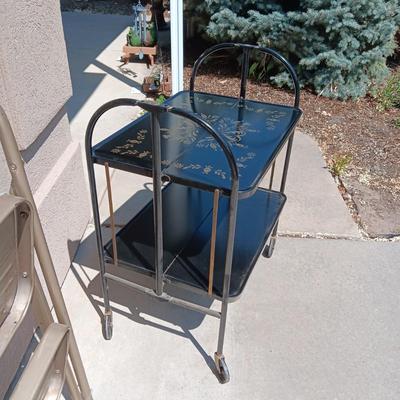 MID-CENTURY FOLDING 2 TIER CART ON CASTERS AND A FOLDING STEP STOOL