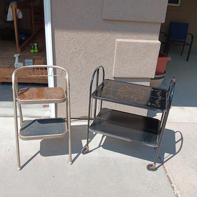MID-CENTURY FOLDING 2 TIER CART ON CASTERS AND A FOLDING STEP STOOL