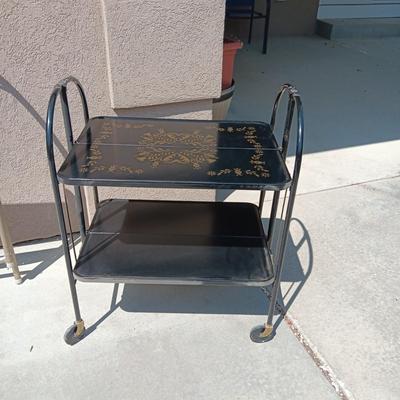 MID-CENTURY FOLDING 2 TIER CART ON CASTERS AND A FOLDING STEP STOOL