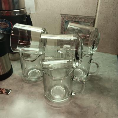 GLASS COFFEE CUPS AND 2 THERMOSES